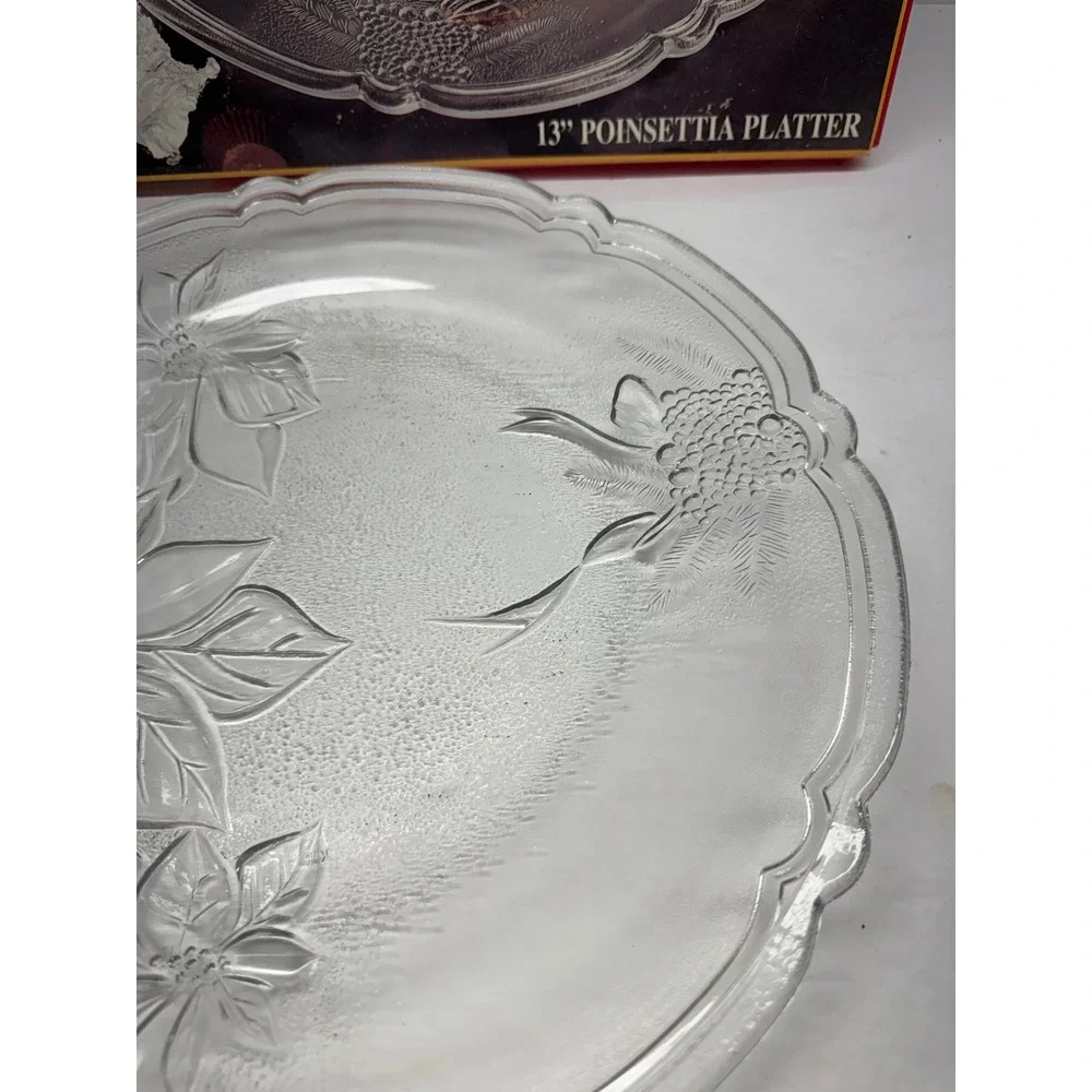Elements 13 Poinsettia Platter Clear Glass Christmas Serving Plate Vintage 1995